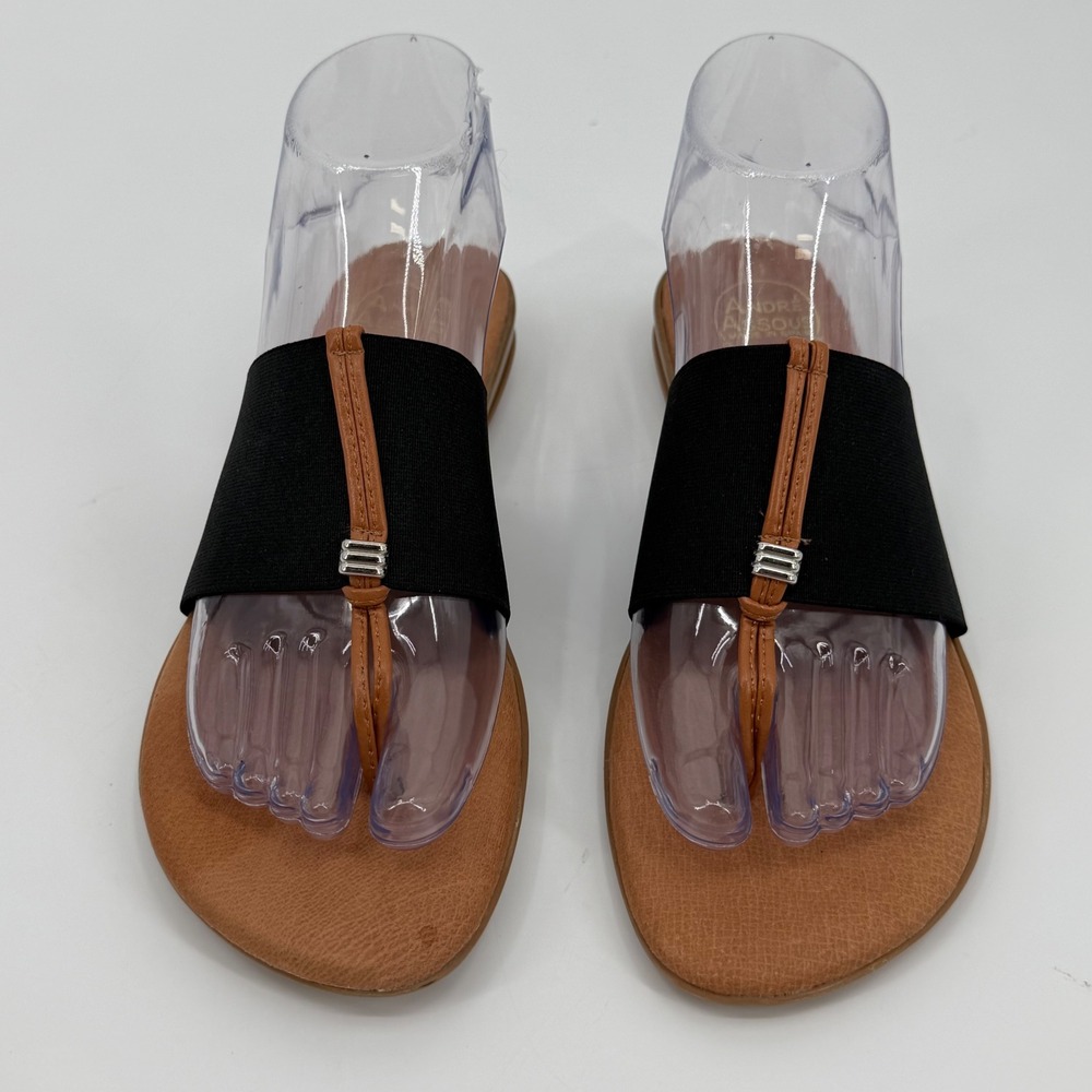 Andre Assous Womens Elastic Band Thong Sandals Black Tan Made in Spain Size 8 - Picture 3 of 8